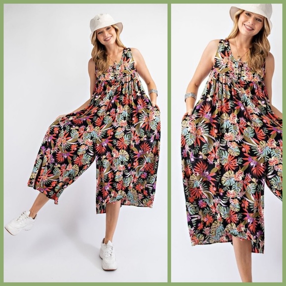 EASEL "Tropical Vibes" Lightweight & Oversized V-Neck Sleeveless Romper Jumpsuit - Picture 8 of 16